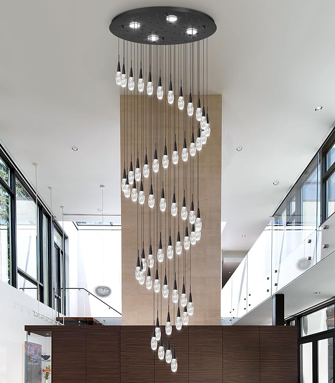 56-Lights 20 Feet Large Modern Chandelier LED Light Fixtures High Ceiling Long Light Chandelier for Entrance Foyer Dimmable Lights with Remote Living Room Ceiling Pendant Lighting Black