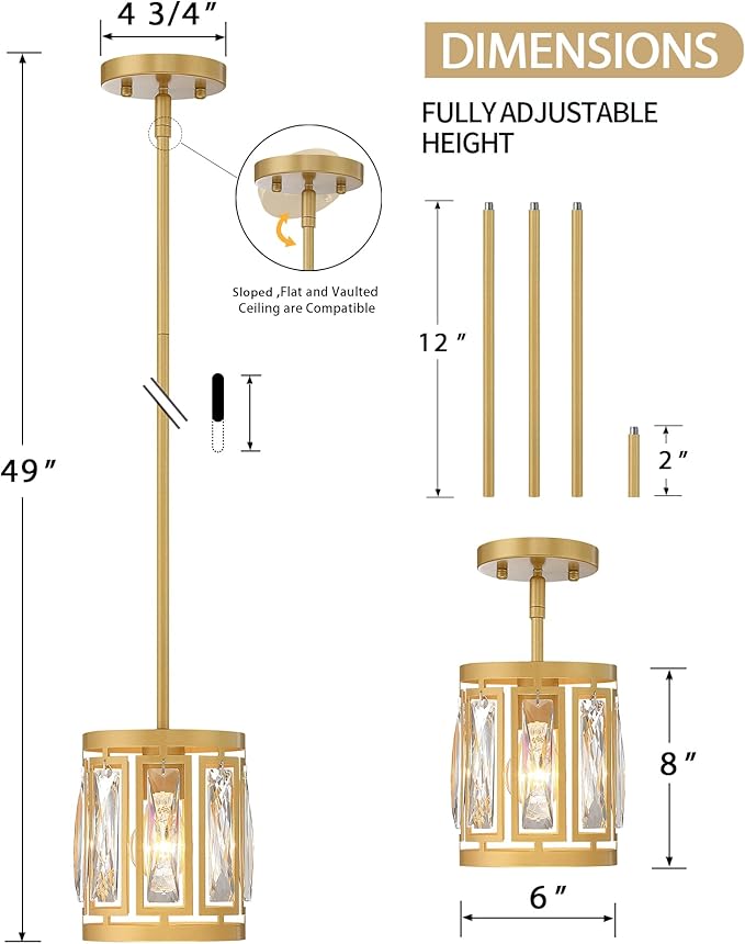 Gold Pendant Lights Kitchen Island, Crystal Pendant Light, Adjustable Hanging Light Fixture for Dining Room, Living Room, Kitchen