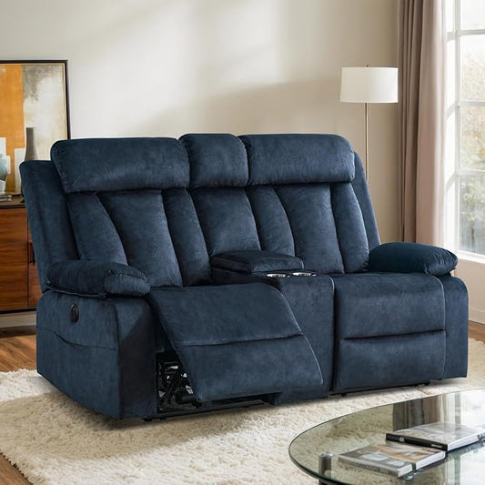 Power Reclining Loveseat with Console, Power Loveseat Recliner Sofa with Heat and Massage, Wall Hugger Loveseat Recliner with Dual Ports, Cup Holders for Living Room, RV Sofa (Blue, Loveseat)