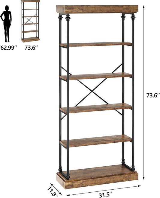 GarveeHome 6 Tier Bookshelf Industrial Bookcase Wood Tall Standing Bookshelves Wood Vintage Display Rack Rustic Bookshelf