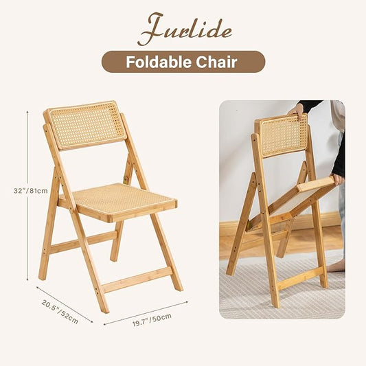 Rattan Folding Chairs, Modern Mid Century Dining Chairs Set of 2, Outdoor Bamboo Chair for Bedroom Living Room Reading Room Dining Kitchen, Wood