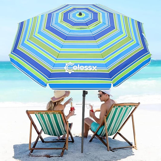 Beach Umbrella for Sand - Windproof Heavy Duty Iron Pole with Sand Anchor, UPF 50+ UV Protection & Tilt Mechanism, Portable Sun Shade Parasol, Carrying Bag for Beach Patio Garden Outdoor