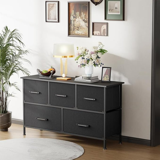 FDW 5 Fabric Drawers Dresser for Bedroom,Chest Organizer Units with Steel Frame and Wooden Top for Bedroom,Closet,Living Room, Entryway,Black