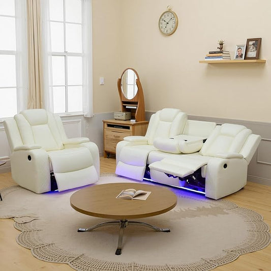 Power Recliner Sofa Set for Living Room, Leather Reclining Sofa Sets with Storage Console, Living Room Furniture Sets with LED Lights(Sofa and Chair,Creamy)