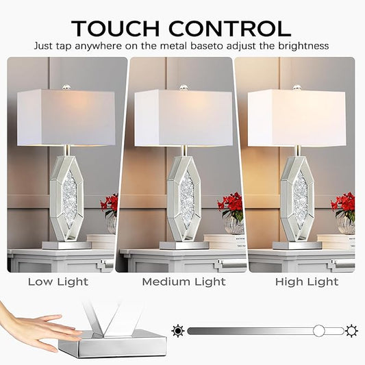 Hamucd 3-Way Dimmable Touch Diamond Crushed Mirrored Bedside Table Lamps Set of 2 for Living Room with USB A+C Ports,Tall Silver Modern Bling Nightstands Lamps for Bedroom with 2 Bulbs (Chrome)