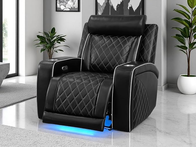 Living Room Sofa Sets, Breathing Leather Power Recliner Chair, Black Leather Reclining Sofa Couch Chair for Living Room, Single Recliner with Storage Armrests/USB Port/LED for Office/Home Theater
