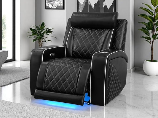 Living Room Sofa Sets, Breathing Leather Power Recliner Chair, Black Leather Reclining Sofa Couch Chair for Living Room, Single Recliner with Storage Armrests/USB Port/LED for Office/Home Theater