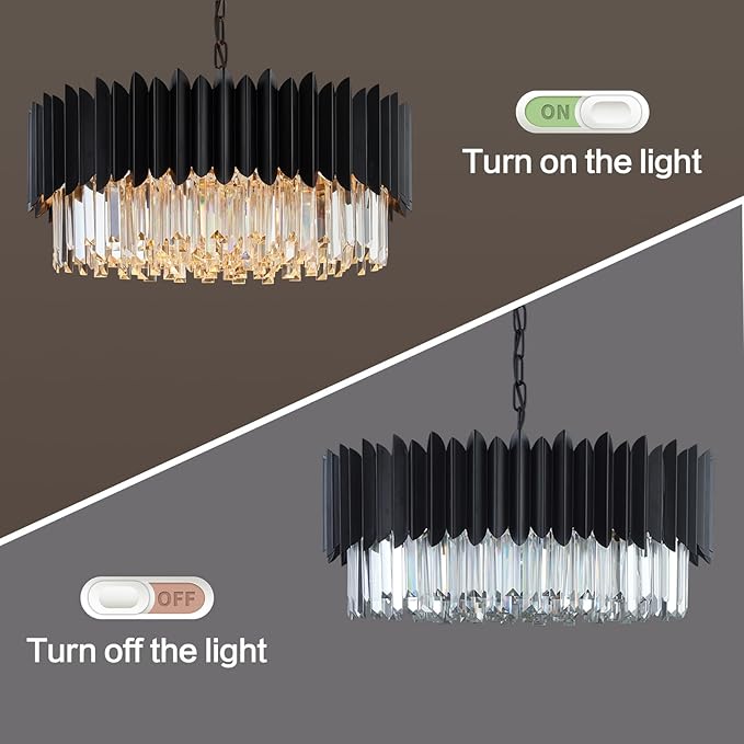 Modern Black Crystal Chandelier 24" Round Chandeliers 8-Lights Ceiling Pendant Light Fixtures 5 Tiers for Dining Room Living Room Bedroom Foyer Entryway