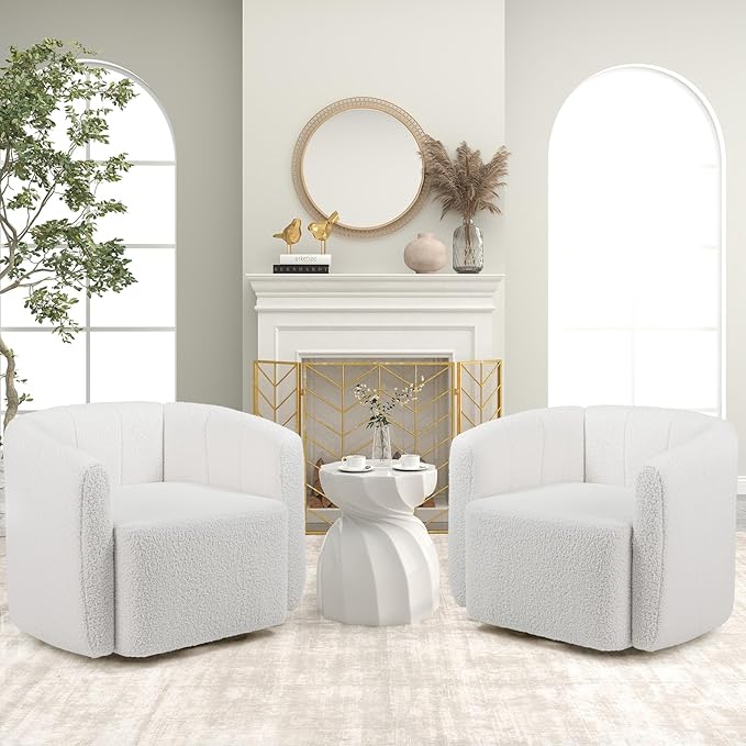 KOMFOTT Swivel Barrel Chair Set of 2, Sherpa Fabric Accent Chair with Curved Backrest & Armrests, Upholstered Armchair with Wide Seat, Pumpkin Shaped Single Sofa Chair for Living Room, Bedroom, White