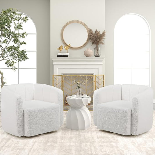 KOMFOTT Swivel Barrel Chair Set of 2, Sherpa Fabric Accent Chair with Curved Backrest & Armrests, Upholstered Armchair with Wide Seat, Pumpkin Shaped Single Sofa Chair for Living Room, Bedroom, White