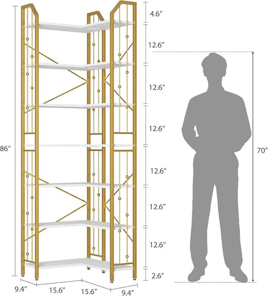 GarveeHome Corner Bookshelf 86" l Shaped Bookcase, Corner Bookshelves Industrial Bookcase 7 Tier l-Shape Bookshelf, Large Bookcases with Beaded Design Tall Display Rack Shelf for Living Room Bedroom