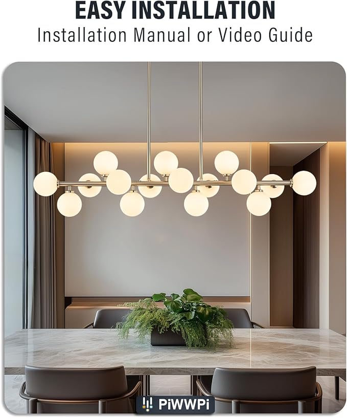 55" Long Chandeliers for Dining Room Kitchen Island, Large Globe Sputnik Linear Chandelier, 16 Lights Mid Century Modern Light Fixture Over Table,Nickel and Milk White Bubble, GC-08