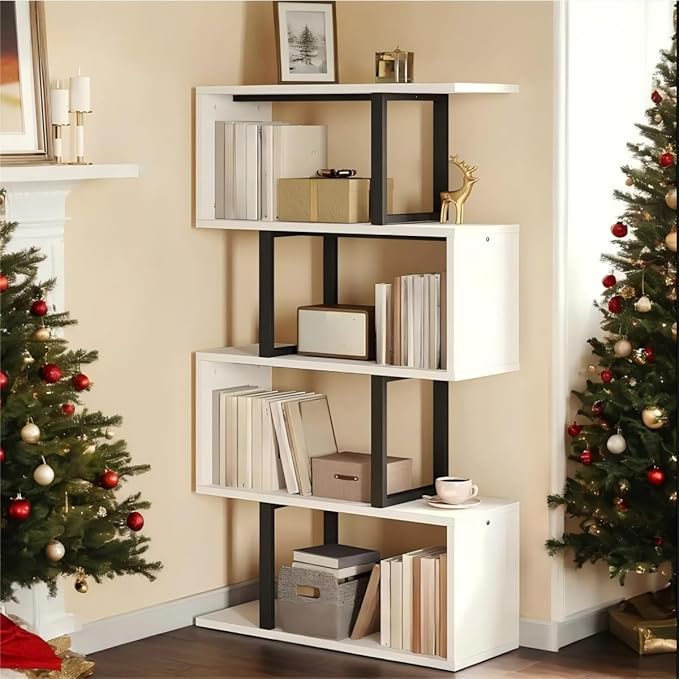 DWVO 5-Tier Geometric Bookshelf, S Shaped Bookshelf Modern Freestanding Display Shelves, Geometric Bookcase Decorative Storage Shelving for Living Room, Home Office, White