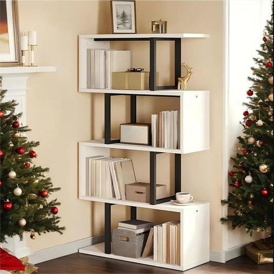 DWVO 5-Tier Geometric Bookshelf, S Shaped Bookshelf Modern Freestanding Display Shelves, Geometric Bookcase Decorative Storage Shelving for Living Room, Home Office, White