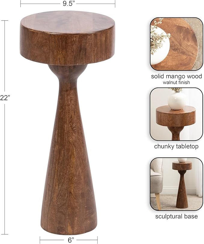 Kate and Laurel Solbrett Transitional Sophisticated Drink Table; 10 x 10 x 22; Walnut Brown; Mid-Century Sculptural Bedroom Nightstand with Unique Pedestal Table Design for Use as Indoor Plant Stand