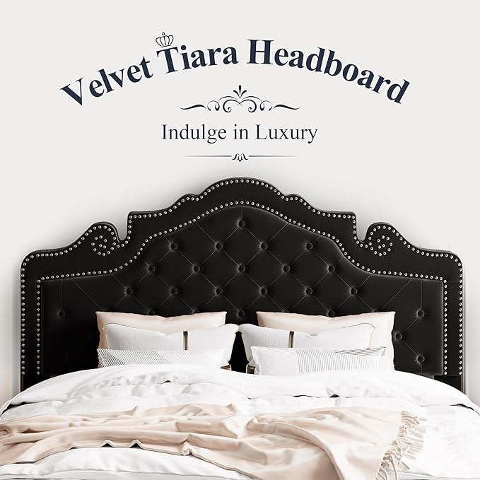 Allewie Queen Velvet Bed Frame with Adjustable Headboard, Wooden Slats, No Box Spring Needed, Easy Assembly, Black