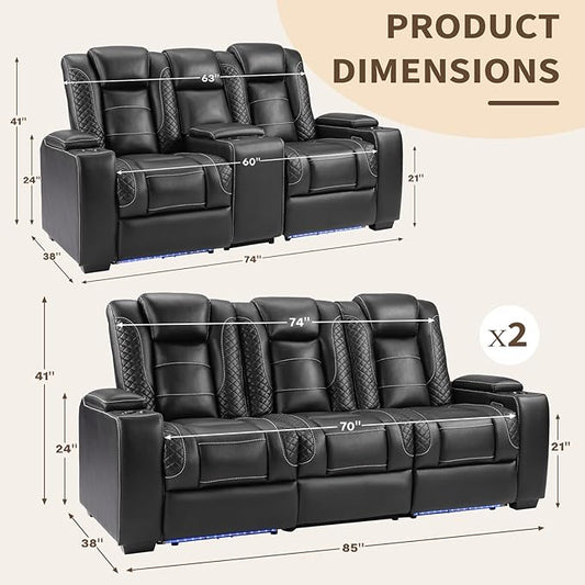 ANJ Recliner Sofa Set,Included 1PCS Loveseats and 2 PCS 3-Seat Home Theater Seating with Center Console & Fixed Middle LED Lights USB for Living Room (Black)