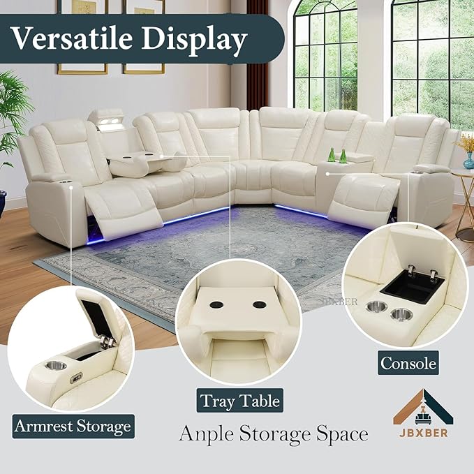 Power Recliner Sectional Sofa Set, Creamy Leather Sectional Couch and 2 Chairs for Living Room, L Shape Reclining Sofa with Cup Holder, Hidden Storage, Drop-Down Table for House(7 Seat)