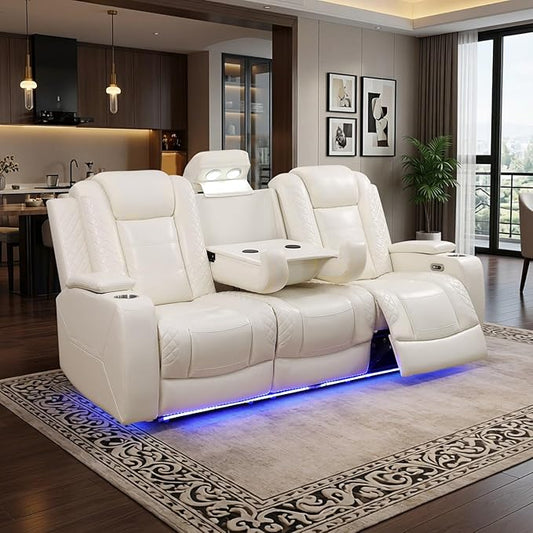 Power Leather Reclining Sofa with LED Light,Double Recliner Sofa with Drop Down Coffee Table/USB Port/Storage,3 Seater Leather Couch for Living Room Furniture Sets(3 Seats,Cream Stripes)