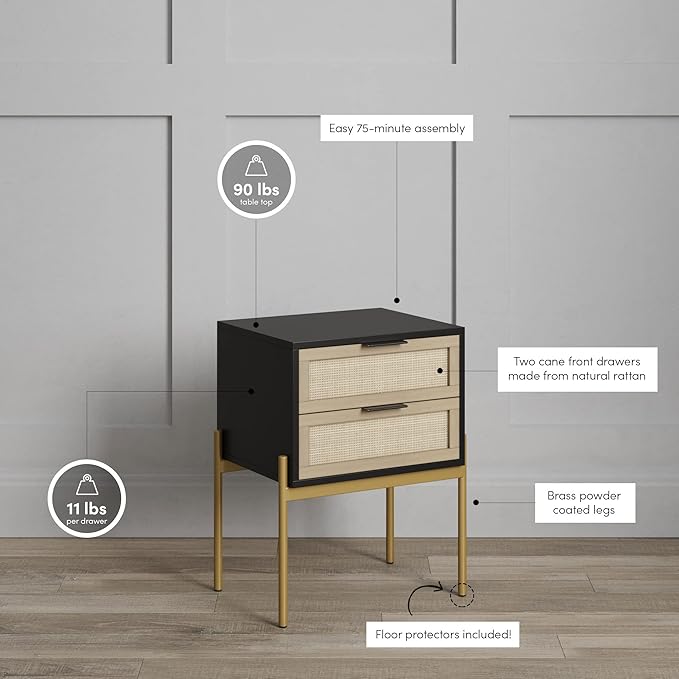 Nathan James Andrew Nightstand, Accent Bedside End Side Table with Storage Drawer, and Mid-Century Modern Legs for Living Room or Bedroom, 1, 14" D x 19" W x 24" H, Black/Cane/Gold