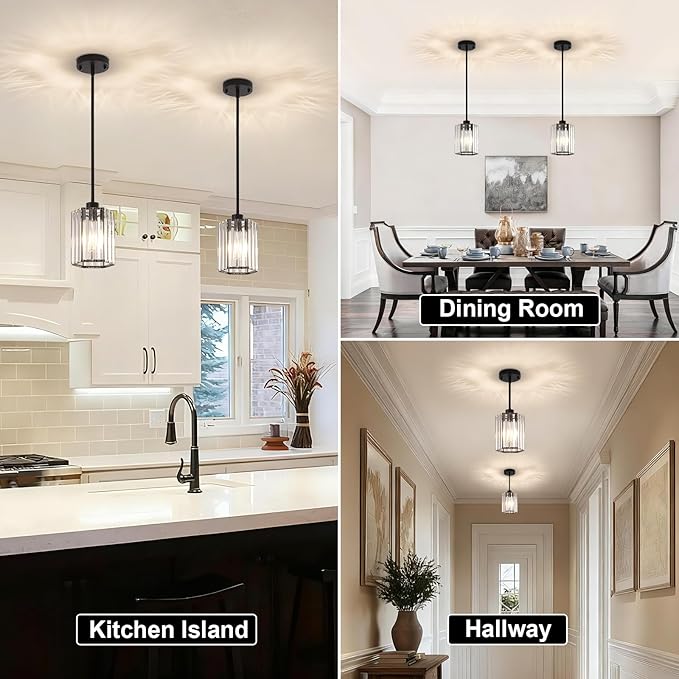 Crystal Pendant Lights for Kitchen Island, Modern Black Kitchen Hanging Pendant Light Fixtures, Black Hexagonal Mini Crystal Chandeliers for Dining Room, Hallway, Foyer, Entryways