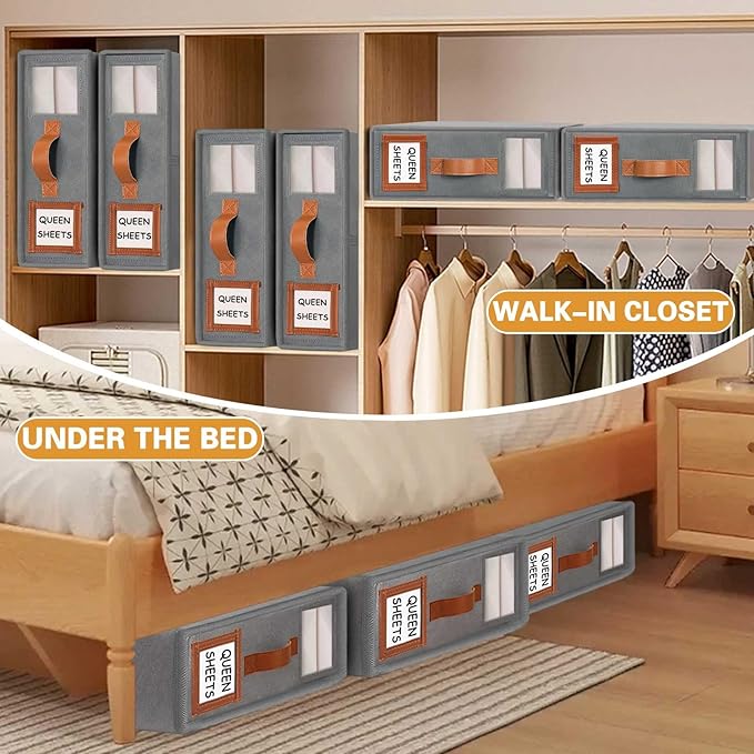 GhvyenntteS 8 Pack Bed Sheet Organizers and Storage (Queen & King Size), Foldable Sheet Organizers and Storage with Window and Label, Bed Sheet Organizer with Leather Handle, Grey