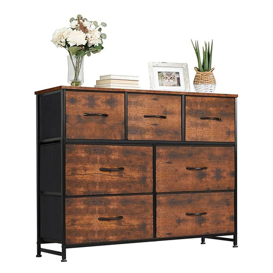 Dresser with 7 Drawers for Bedroom, Fabric Clothes Cabinet for Closet, Anti-Tip Storage Dresser with Metal Frame for Living Room, Entryway, Dorm, Brown