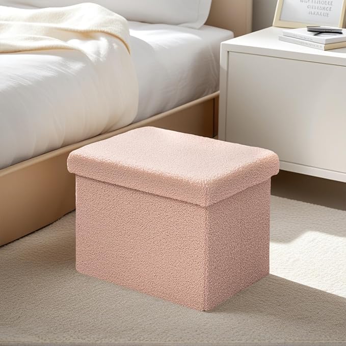 16.5 Inches Small Storage Ottoman - Square Ottoman with Sherpa Top,Storage Bench for Bedroom,16.5" D x 12.6" W x 12.6" H- Pink