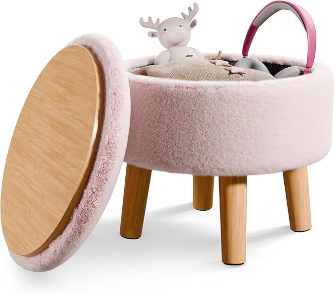 Poofzy Small Ottoman with Storage, Small Foot Stool Ottoman with Wood Legs, Faux Fur Foot Rest for Couch, Living Room and Bedroom - Pink