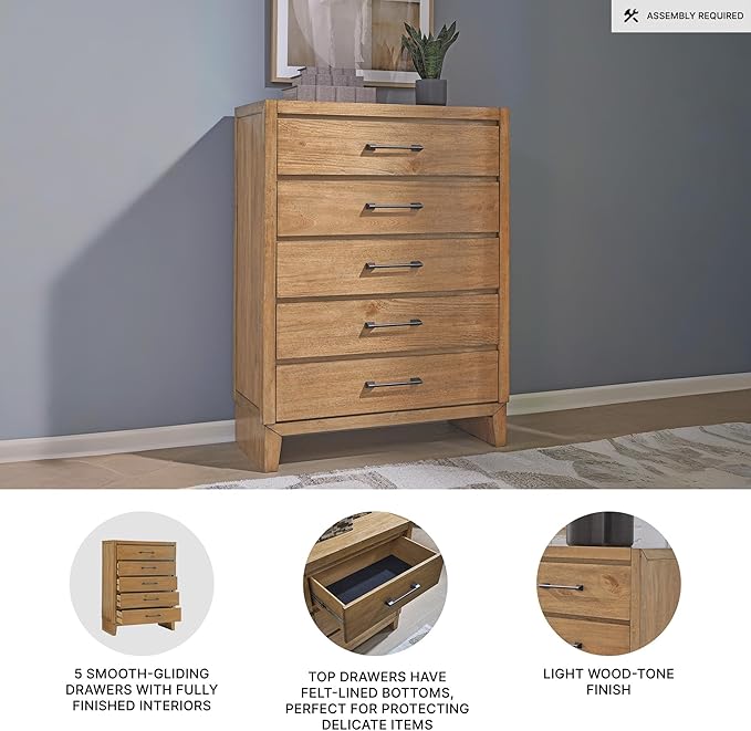 Signature Design by Ashley Sherbana Casual 5-Drawer Chest of Drawers with Safety Stop and Felt-Lined Top Drawer, Light Brown
