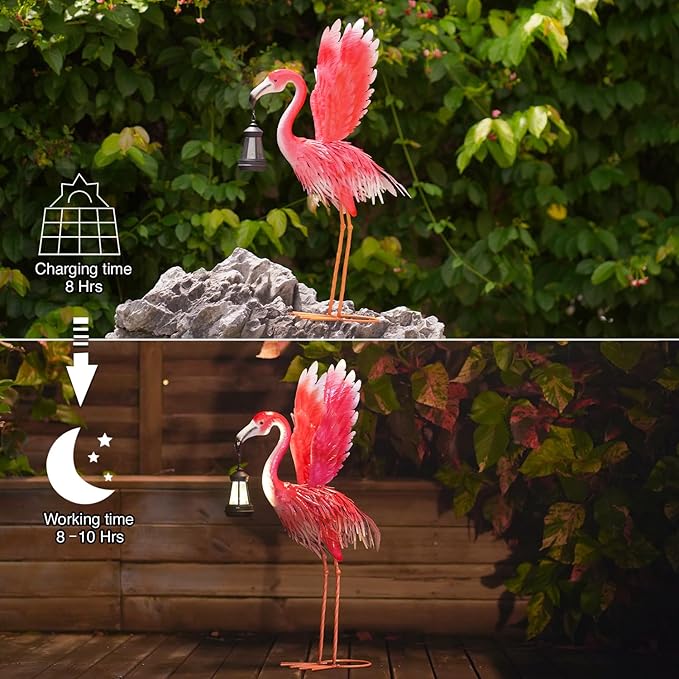 Goodeco 25.6" Metal Flamingo Statue with Solar Lantern - Pink Flamingo for Garden Yard Patio Decorations, Perfect Flamingo Gifts (Flamingo)