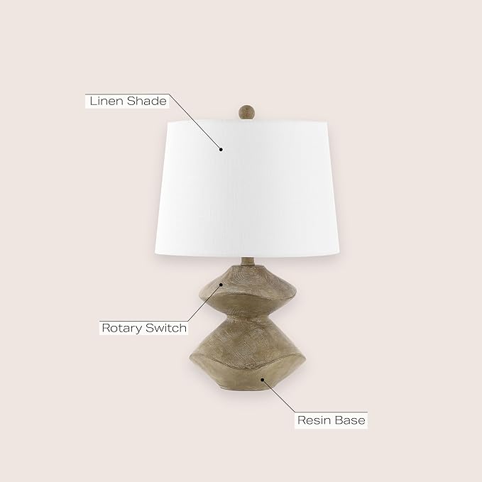 JONATHAN Y 24.5" Brown Wood Finish Coastal 3-Stack Cairn LED Table Lamp for Living Room, White Linen Shade, Rustic Mid-Century Modern Bedside Lamp for Bedroom Office (JYL4062A)