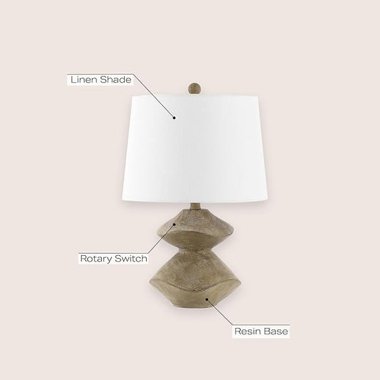 JONATHAN Y 24.5" Brown Wood Finish Coastal 3-Stack Cairn LED Table Lamp for Living Room, White Linen Shade, Rustic Mid-Century Modern Bedside Lamp for Bedroom Office (JYL4062A)