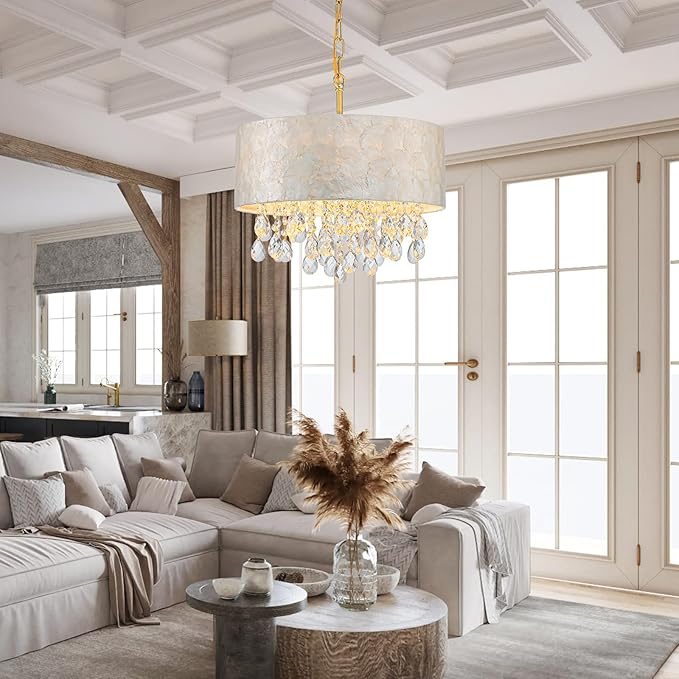 Medium Size 4-Light Drum Capiz Shell Crystal Chandeliers, Coastal Style Pendant Light Fixture for Dining Room, Living Room, D16 x 20~67"(Adjustable), Shell Lampshade & Gold Finish