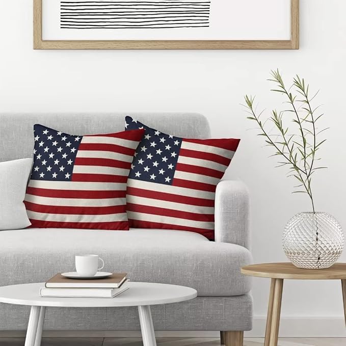 BETGINY 4th of July Pillow Covers 18x18 Set of 2, American Flag Patriotic Decorations Throw Pillow Covers Linen Farmhouse Independence Day Cushion Case for Couch Sofa Summer Home Outdoor Decor