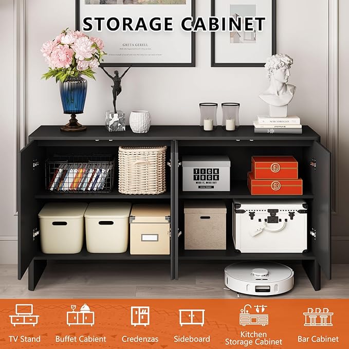 Fluted Sideboard with Doors & Shelves - Buffet & Credenza Storage - Under TV or Bedroom/Entryway Cabinet - Black