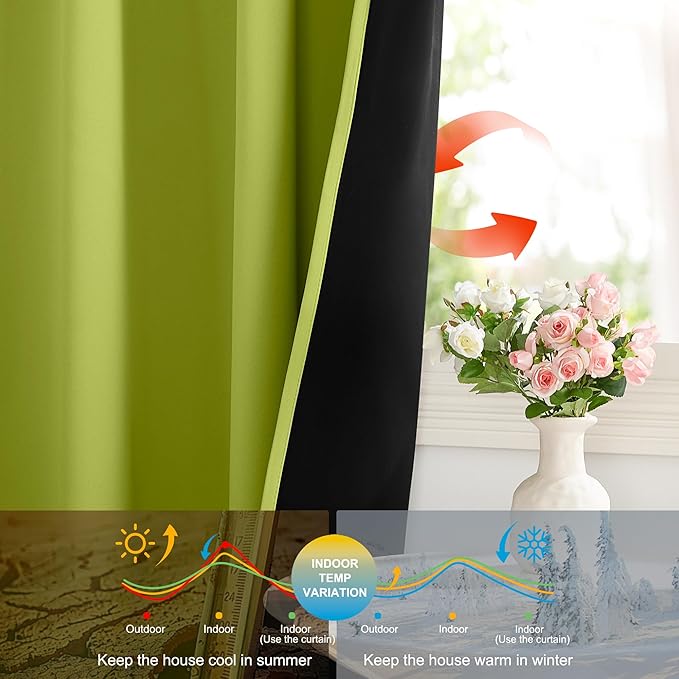 NICETOWN 100% Blackout Curtains for Bedroom, Fresh Green 2 Pieces W52 x L84 Energy Efficient & Thermal Insulated Drapes, Rod Pocket Black Lined Window Treatment Panels for Patio Sliding Glass Door
