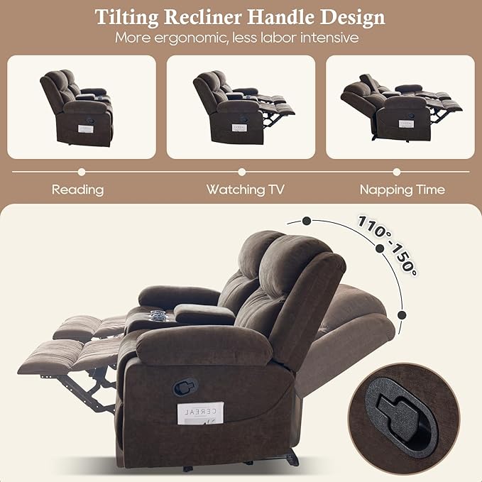 Loveseat Recliner Sofa, Manual Recliner Loveseat with Console, Modern Chenille Sofa Sleeper Deep Couches with Cup Holders and Side Pocket for Living Room/Office/Apartment (Brown) | Heating and Massage, Hidden Drawer