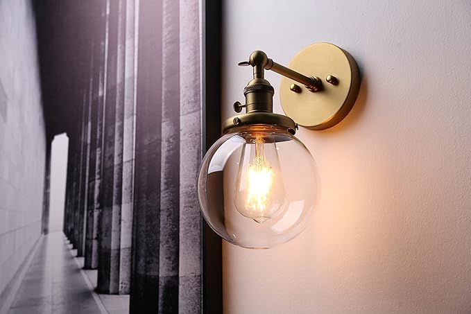 PERMO Vintage Wall Sconce Industrial Lighting Fixture with 5.9" Round Clear Glass Globe Hand Blown Shade (Antique)