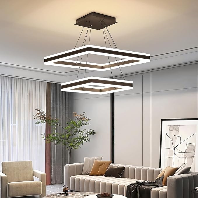 Modern LED Chandelier, 2-Light Black Ceiling Chandelier Pro for Dining Room Light Fixtures Hanging Color Temperature and Height Adjustable Chandeliers for Living Room, Bedroom, Kitchen 15.7+23.6IN
