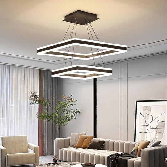 Modern LED Chandelier, 2-Light Black Ceiling Chandelier Pro for Dining Room Light Fixtures Hanging Color Temperature and Height Adjustable Chandeliers for Living Room, Bedroom, Kitchen 15.7+23.6IN