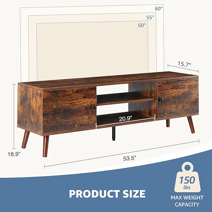 NEWBULIG TV Stand for 55 60 inch TV, Modern Mid Century Entertainment Center with Storage, Wooden Media Console Table 2 Cabinet for Living Room, Soft Hinge, Handle Door, Office Furniture, Rust
