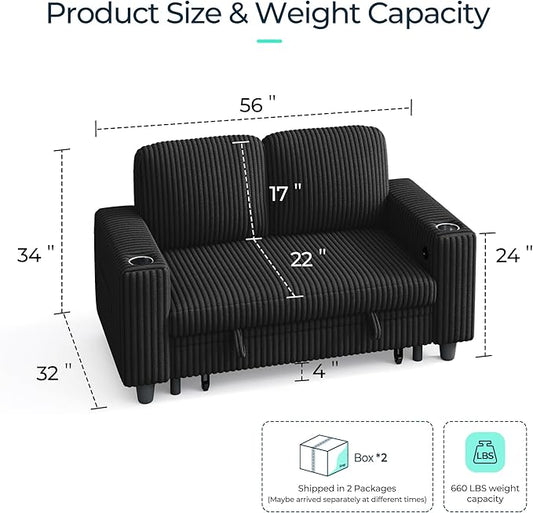 LINSY HOME Loveseat Sofa with Storage - Comfy Plush Corduroy 2 Seater Sofa with USB Charging & Cup Holders, Deep Seat Love Seat for Small Spaces Living Room Bedroom Apartment, Black