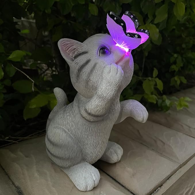 Solar Cat Outdoor Figurines Garden Decor with Butterfly Light for Lawn Ornaments Porch Patio Balcony Yard Decorations Outdoor Birthday Gifts for Women Grandma Mother’s Day