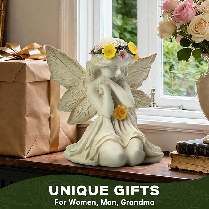 Solar Angel Garden Statue Outdoor Decor, Angel Figurines with LED Light Yard Decorations for Patio, Balcony, Lawn Ornaments, Unique House Warming Birthday Gifts for Women, Mom, Grandma