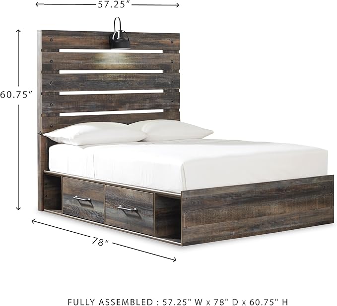 Signature Design by Ashley Drystan Rustic Full Panel Platform Bed with 4 Storage Drawers, Open Cubbies, Sconce LED Light and USB Ports, Foundation or Box Spring Not Needed, Dark Brown & Gray
