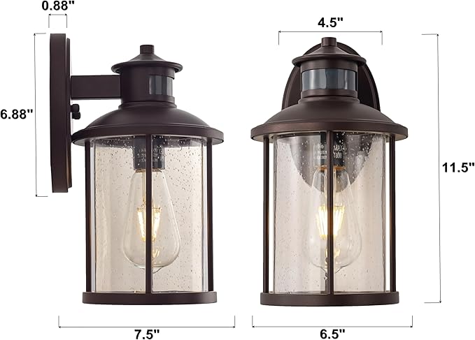 MICSIU Motion Sensor Outdoor Wall Light, 11.5 Inch Oil Rubbed Bronze Exterior Light Fixture with Seedy Glass, 3 Modes Dusk to Dawn Outdoor Wall Sconce for House, Front Porch, Garage, Anti-Rust