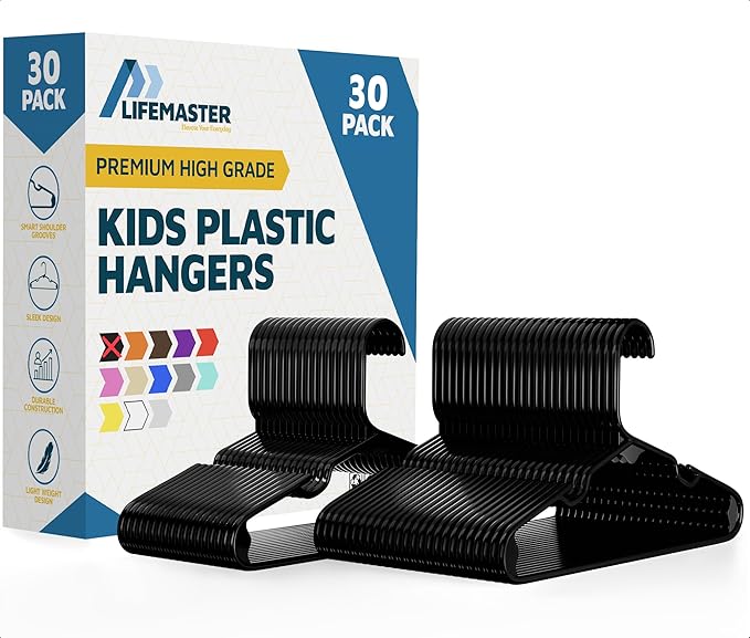 Lifemaster Plastic Kids Clothes Hanger – Children Clothes Hanger with Shoulder Notch, 11.6 Inch Space-Saving Closet Organizer for Baby, Toddler, and Kids Clothing, Hold Up to 5 lbs, Pack of 30, Black