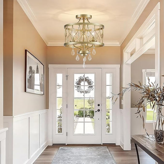 Farmhouse Crystal Ceiling Light Fixture, 3-Light Semi Flush Mount Crystal Chandelier Light Fixture Rustic Vintage Gold Pendant Ceiling Lamp for Hallway Corridor Kitchen Entryway Bedroom Living Room