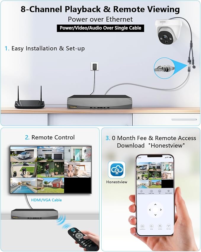 OOSSXX 4K 130° Ultra Wide-Angle 2-Way Audio 8MP Wired Dome PoE IP Cameras for Home Security Outdoor Camera System DVR Kits, Smart PIR Detection,DVR Kits (4 Bullet+4 Dome(3TB HDD))